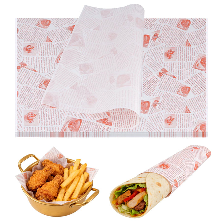 300 Stück Deli Papierblätter 38 x 28cm, Bedrucktes Backpapier Zuschnitte Zeitungsoptik, Pommes Papie