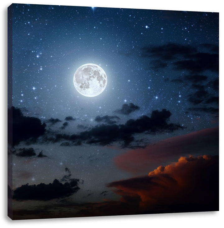 Pixxprint Leuchtender Mond am Nachthimmel, Format: 70x70 auf Leinwand, 70x70
