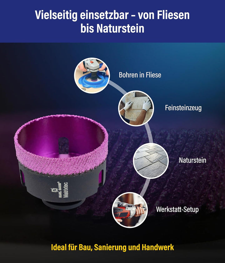 Karl Dahm MATRIXTEC Diamant-Trockenbohrkrone Ø 80 mm I Fliesenbohrer für Feinsteinzeug, Fliesen & Na