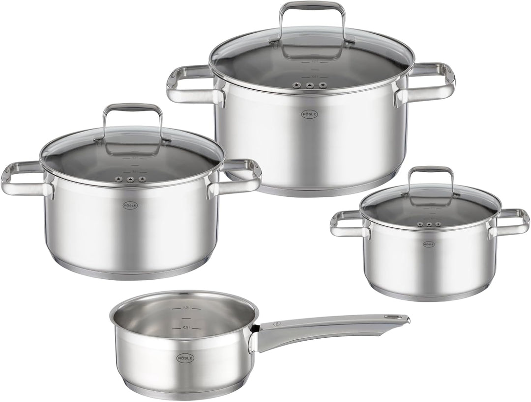 RÖSLE CHARM Topf-Set 4-tlg., hochwertiges Universaltopfset mit 3 Kochtöpfen und 1 Stielkasserolle, E