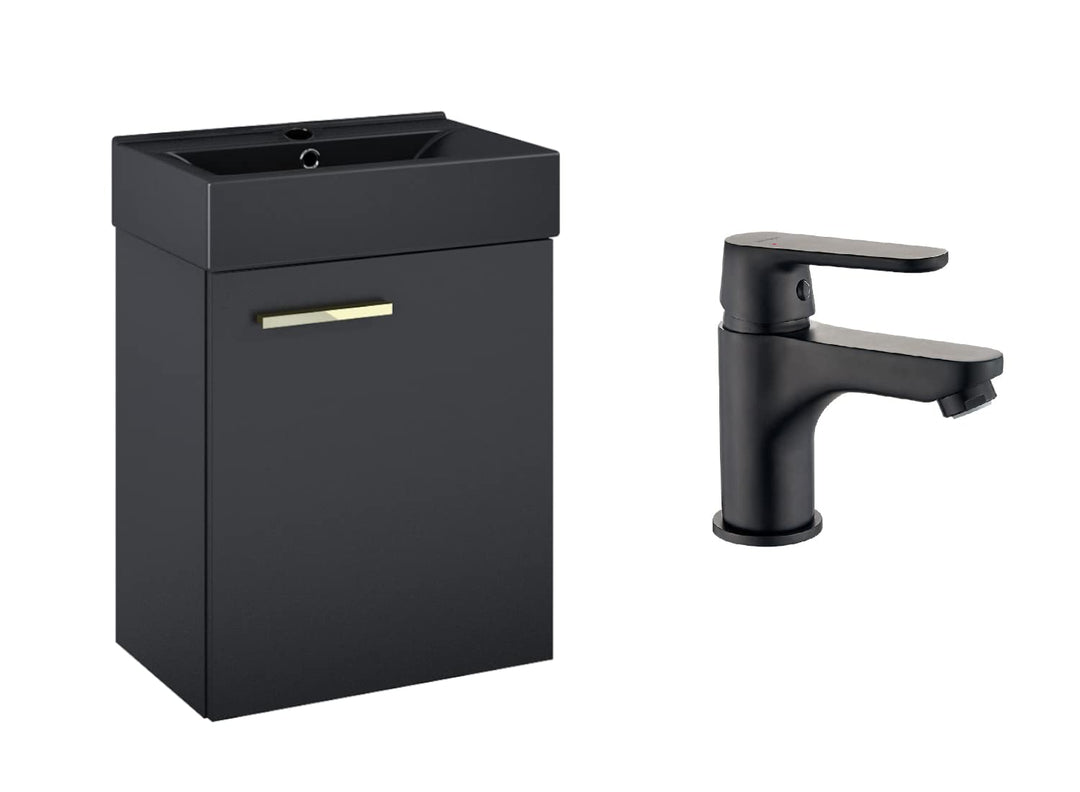 VBChome Badmöbel Set 45 cm Schwarz Matt Waschbecken mit Hängeschrank mit Armantur Schwarz Waschtisch
