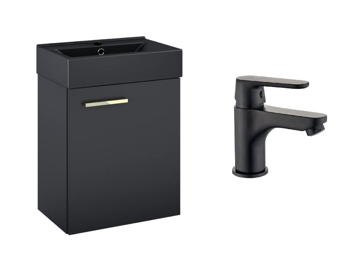 VBChome Badmöbel Set 45 cm Schwarz Matt Waschbecken mit Hängeschrank mit Armantur Schwarz Waschtisch