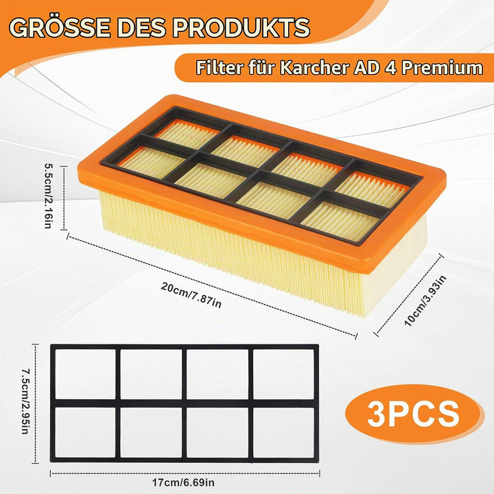 3 Stück Flachfaltenfilter KFI 7420 für Kärcher Asche- und Trockensauger AD 2, AD 2 Battery, AD 4 Pre