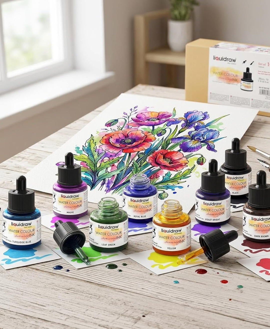 Liquidraw Aquarell-Zeichentinte, Set mit 10 verschiedenen Farben, 35-ml-Flaschen mit Tintentropfer,