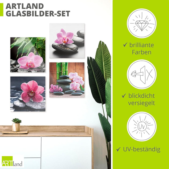 ARTland Glasbilder Wandbild Glas Bild Set 4 teilig je 20x20 cm Quadratisch Asien Wellness Zen Pflanz