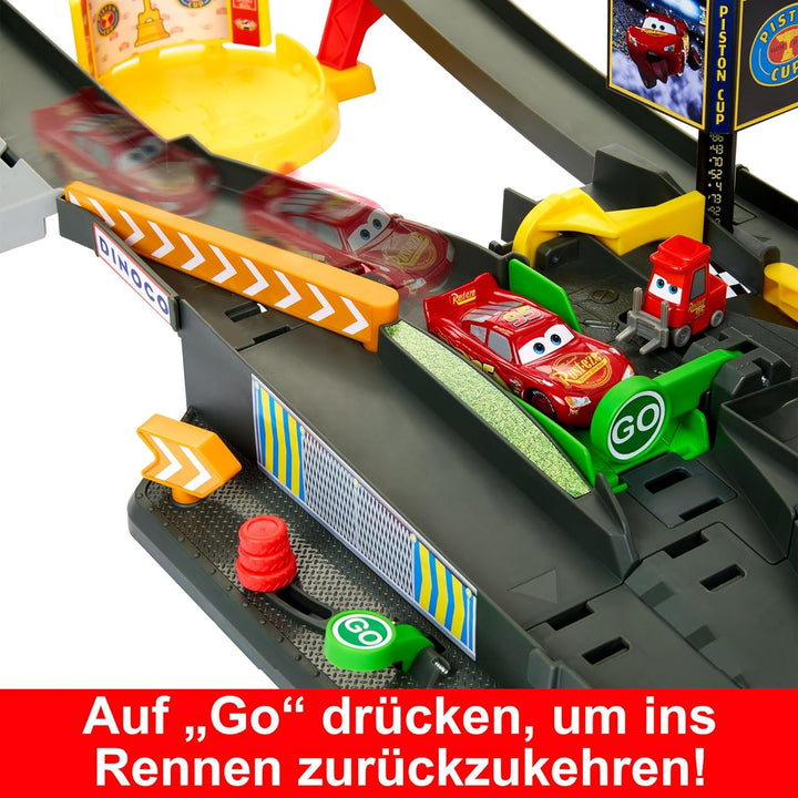 DISNEY Pixar Cars Piston Cup Action - Interaktives Rennstrecken Spielset, Beschleuniger, Boxengassen