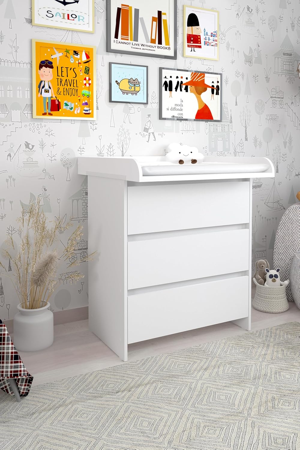 Shefa Kids 820 Wickelkommode Weiss – 3 Schubladen Wickeltisch & Kommode Kinderzimmer, Babyzimmer Kom