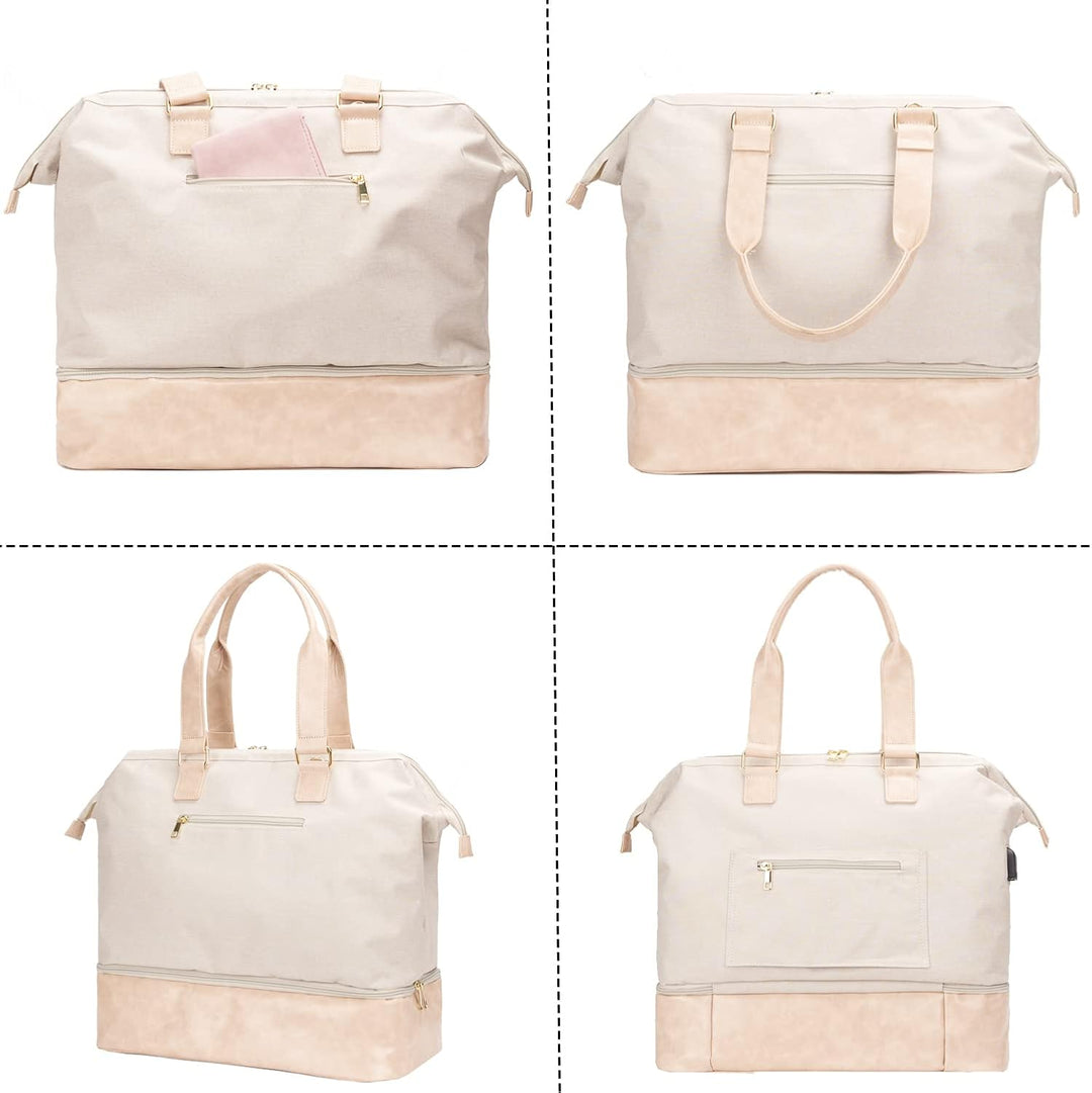 MINKARS Weekender Tasche mit Schuhfach, Laptophülle, USB-Ladeanschluss, Beige, 16 Inch