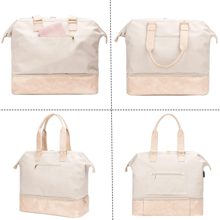 MINKARS Weekender Tasche mit Schuhfach, Laptophülle, USB-Ladeanschluss, Beige, 16 Inch