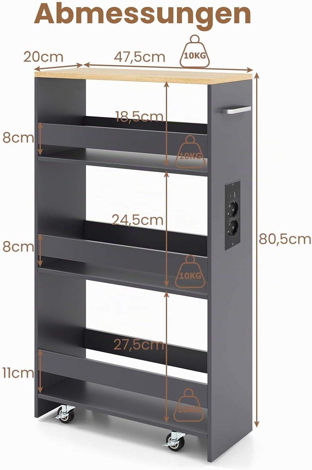GIANTEX Nischenregal 20 cm Breit, Nischenschrank Küche mit Ladestation, Nischenwagen Rollwagen Schma