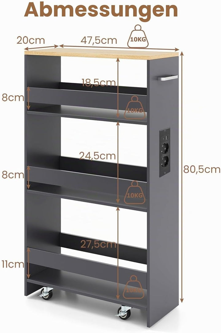GIANTEX Nischenregal 20 cm Breit, Nischenschrank Küche mit Ladestation, Nischenwagen Rollwagen Schma