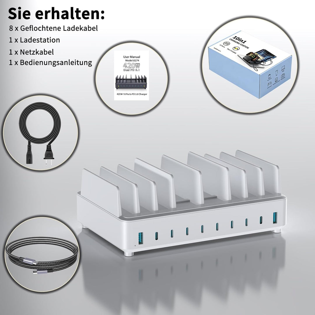 420W Ladestation Mehrere Geräte USB C Charging Station, GaN PD3.0 10 Anschlüsse Handy Ladestation De