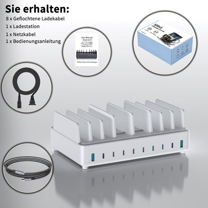 420W Ladestation Mehrere Geräte USB C Charging Station, GaN PD3.0 10 Anschlüsse Handy Ladestation De
