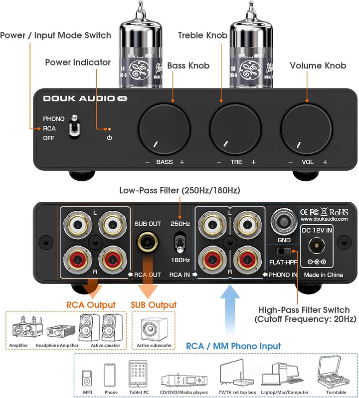 Douk Audio Röhrenvorverstärker MM Phono-Stufe HiFi Stereo-Vorverstärker mit Tiefpassfilter, Subwoofe