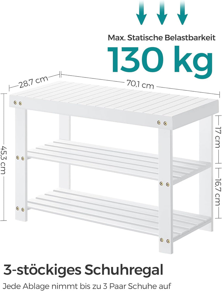 SONGMICS Schuhbank, Schuhregal mit 3 Ebenen, Schuhablage aus Bambus, bis 130 kg belastbar, 28,7 x 70