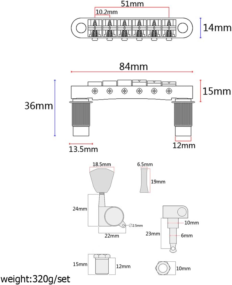 Alnicov Tune-O-Matic-Gitarrensteg und Gitarren-Stimmwirbel, Tuner-Mechaniken, Musikinstrument-Zubehö