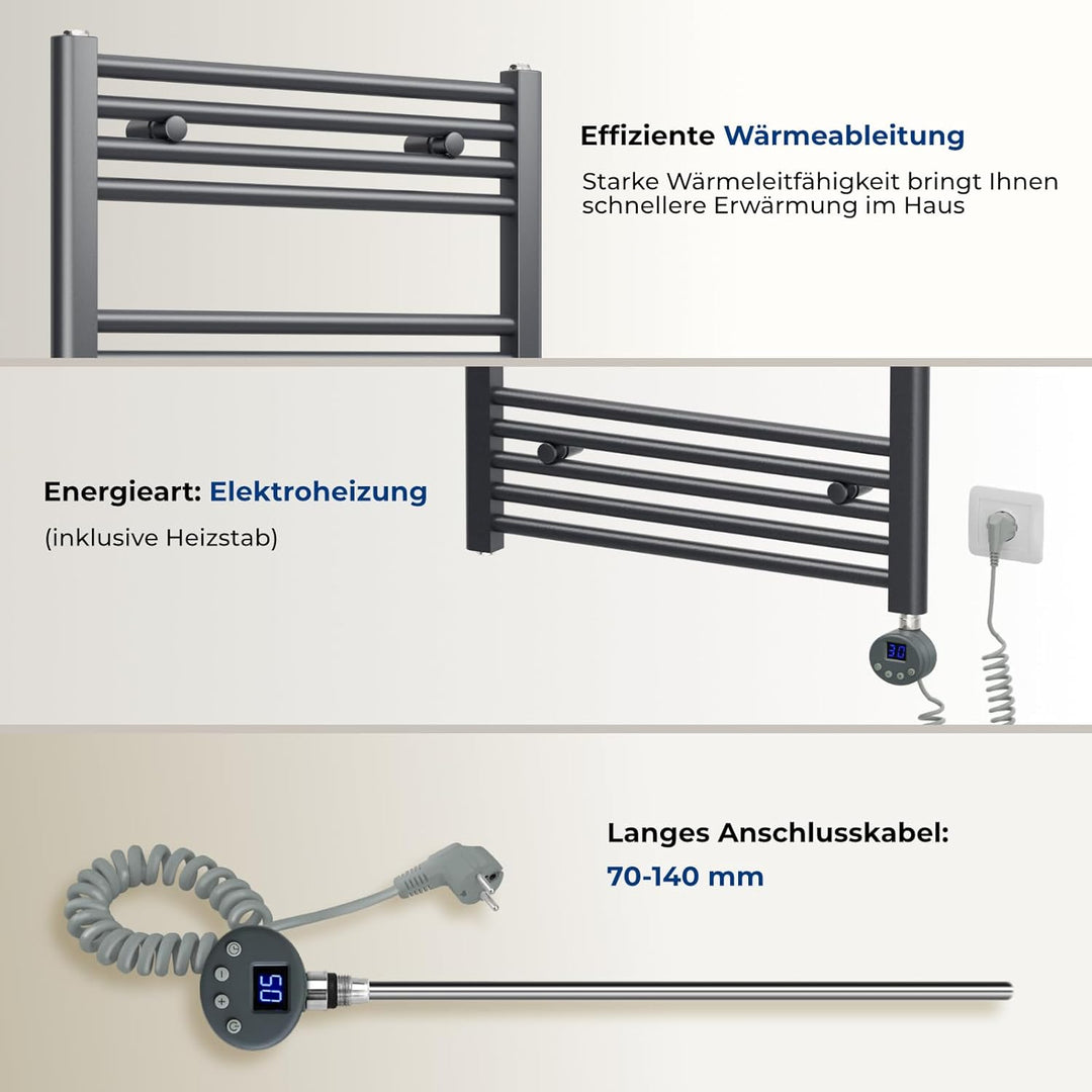 Heilmetz Badheizkörper Elektrisch mit Heizstab 300W Leistung 700 x 600 mm Anthrazit Gerade Bad Heizk