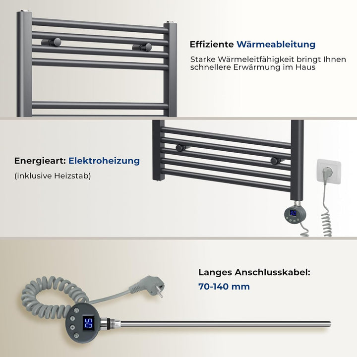 Heilmetz Badheizkörper Elektrisch mit Heizstab 300W Leistung 700 x 600 mm Anthrazit Gerade Bad Heizk