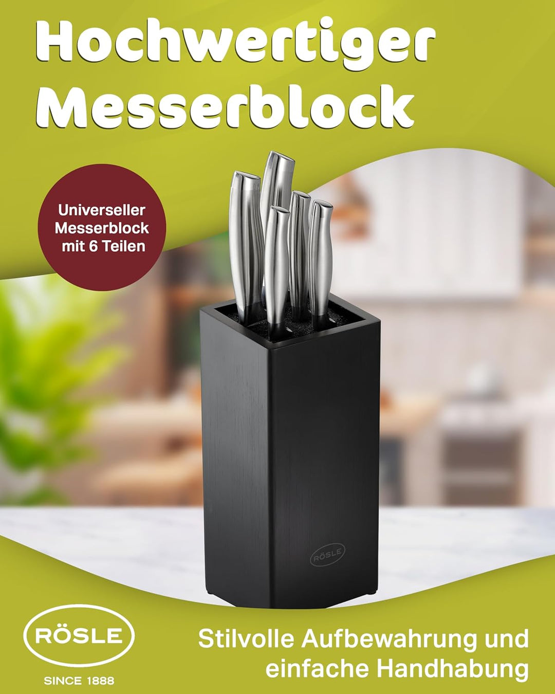RÖSLE Bürsten-Messerblock Basic Line bestückt 6-tlg., Hochwertiger Messerblock aus Bambusholz mit 5