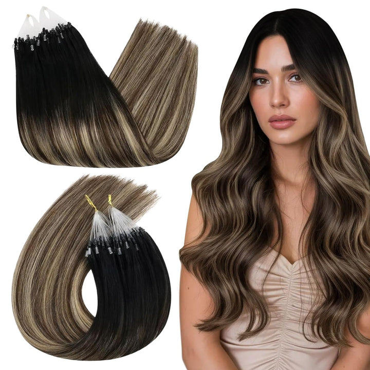 Ugeat Bonding Extensions Echthaar Micro Loop Hair Extensions Echthaar Balayage Natürliches Schwarz b