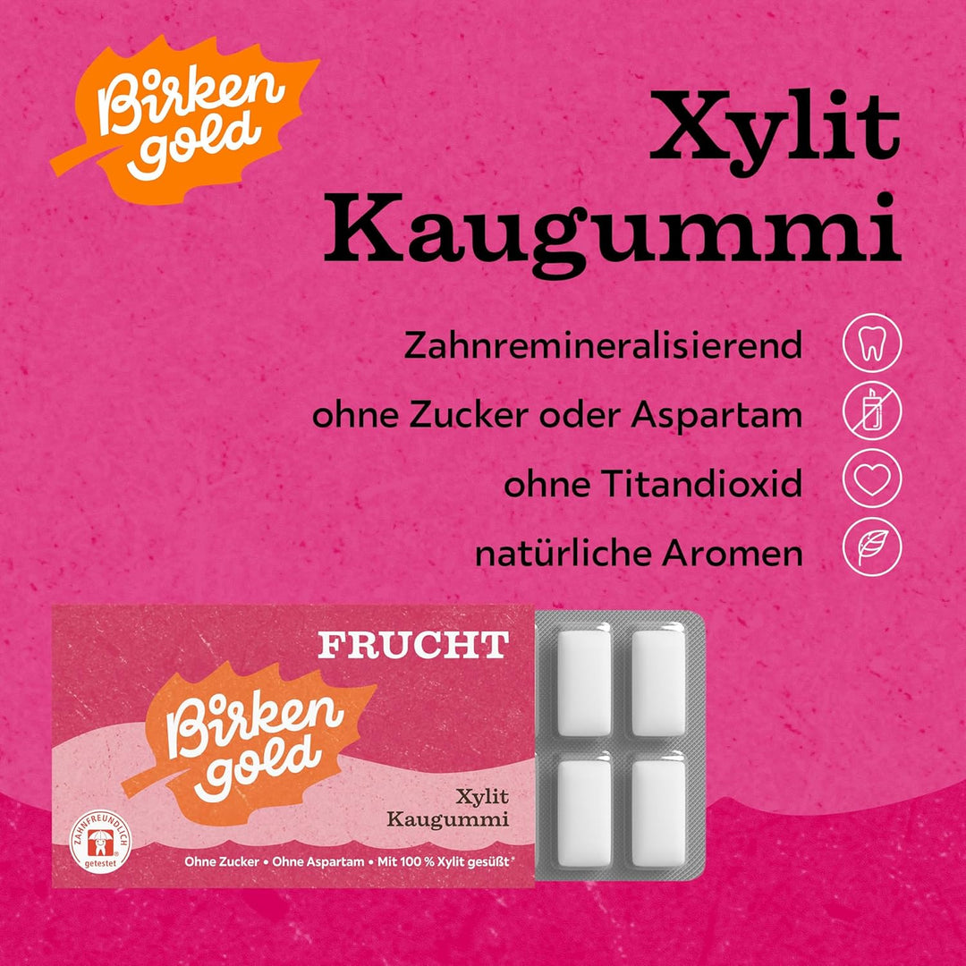 Birkengold Xylit Kaugummi Frucht | 24 Stk. Blister | Zahnpflege-Kaugummi | zuckerfrei | hoher Xylit-