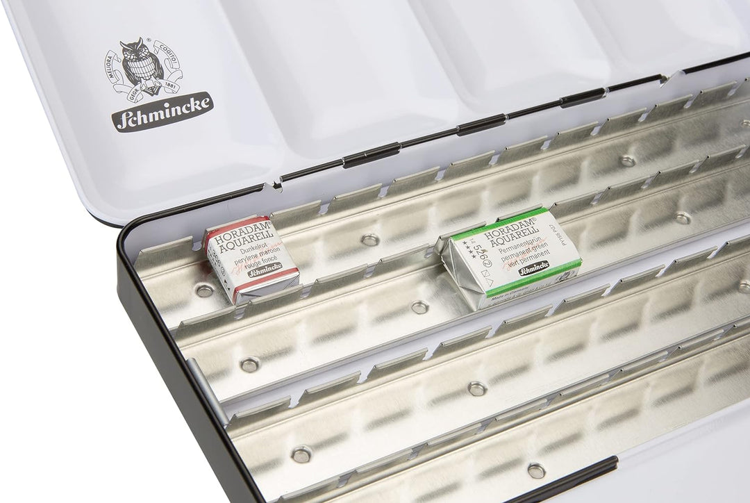 Schmincke – HORADAM AQUARELL Leerkasten, 74 948 097, schwarzer Metallkasten, mit Mischpalette zur in