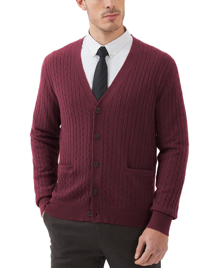 Kallspin Herren Strickjacke aus Wollmischung Zopfstrick Cardigan mit Knopfverschluss und Taschen M B
