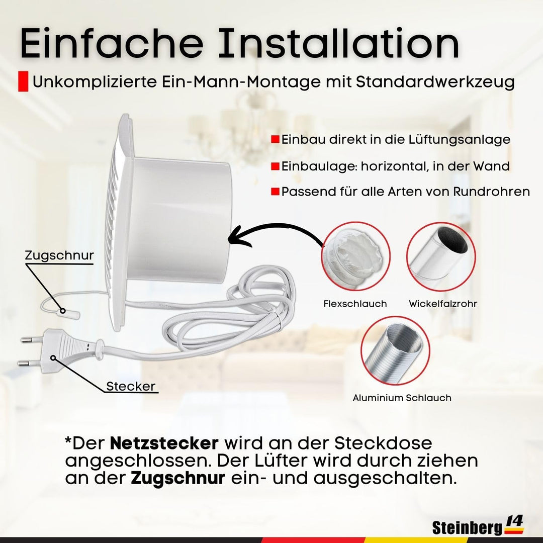 Steinberg14 Badlüfter 125mm Weiss mit Zugschnur und Stecker - Abluftventilator Ventilator Lüfter Bad