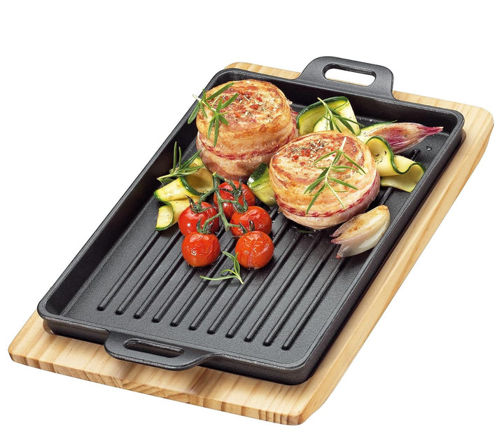 Küchenprofi BBQ Grillpfanne Gusseisen gerillt auf Holzbrett, eckig, 32 x 22 x 3,5 cm, Feuerstelle, a