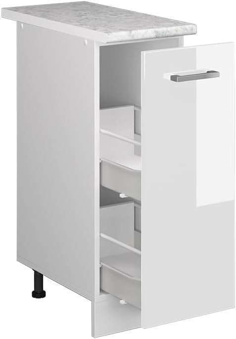 Vicco Apothekerschrank R-Line, Weiss Hochglanz/Weiss, 30 cm mit Arbeitsplatte Weiss Hochglanz Apothe