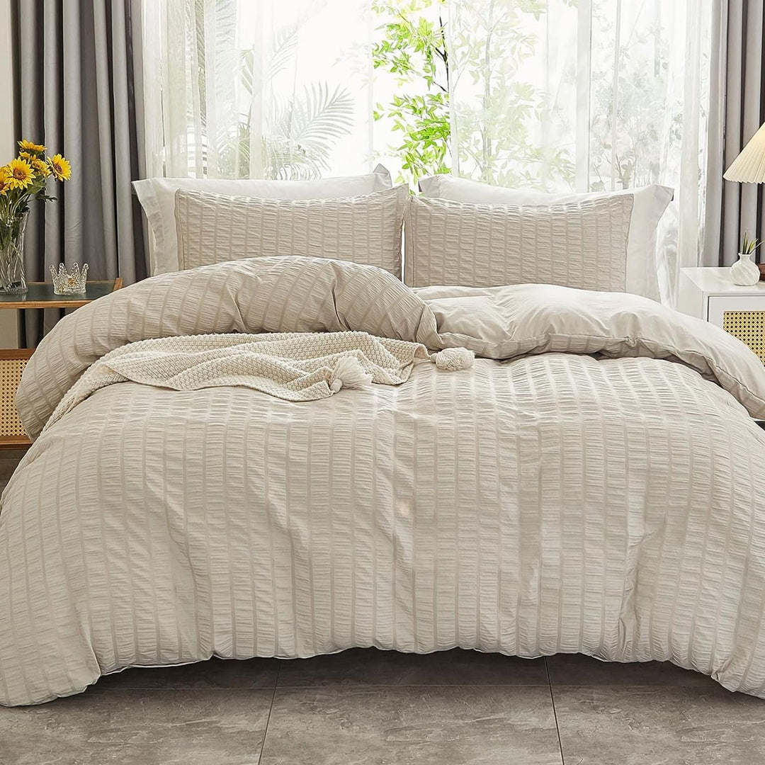 Freyamy Seersucker Bettwäsche 200x200cm 3teilig Beige Geprägt Streifen Strukturiert Bettwaren-Sets U