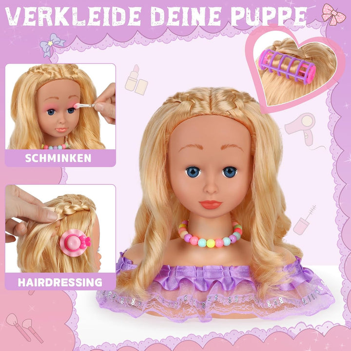 Frisierkopf Kinder Set, 66 Stück Schminkkopf für Mädchen Waschbar, Puppenkopf Zum Frisieren Kinder m