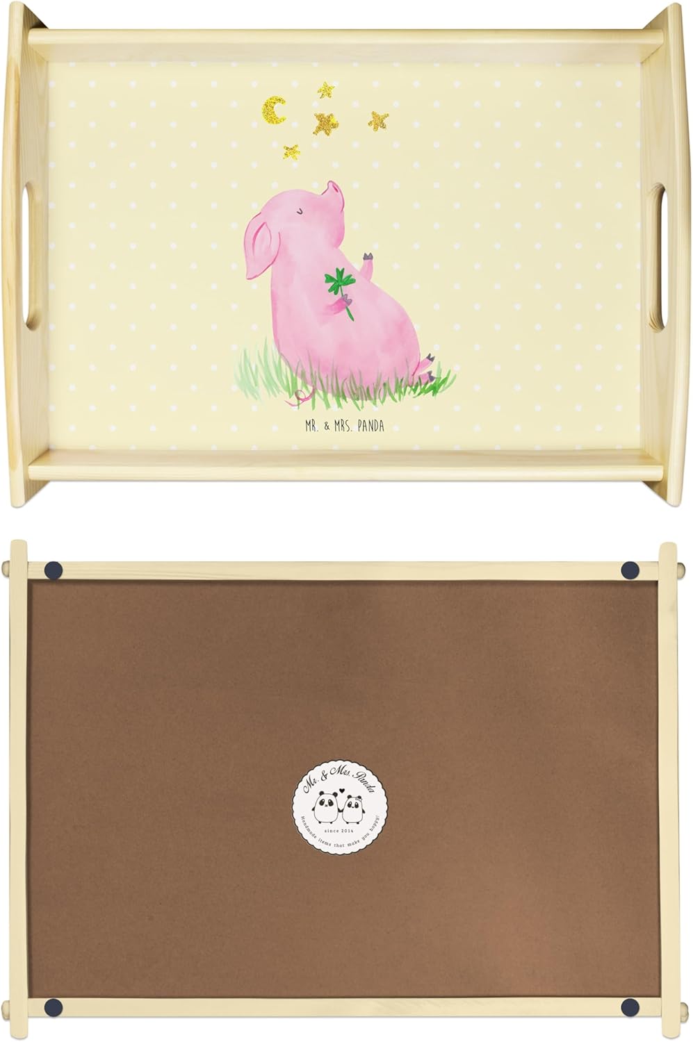 Mr. & Mrs. Panda Holztablett Schwein Glück - Geschenk, Gute Laune, Tiere, Küchentablett, Serviertabl