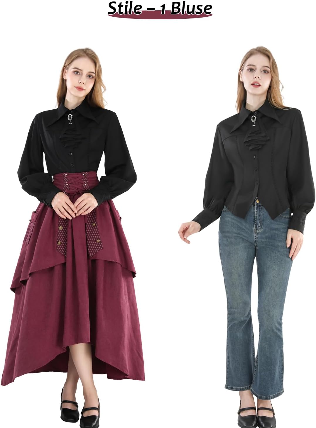 Fiamll Damen Viktorianisch Bluse Vintage Schleifenhemd Stehkragen mit Ruff Langarmshirt Mittelalter