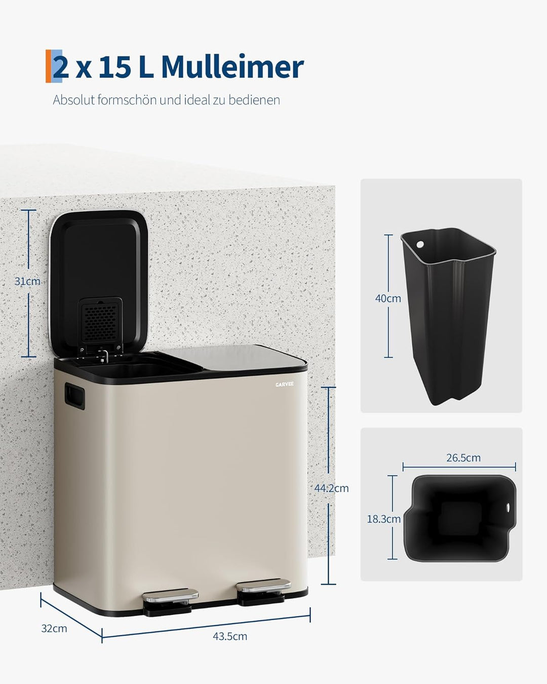 GarveeHome Mülleimer Küche, 2 x 15 L, Mülltrennsystem 2 Fächer, Edelstahl-Tretmülleimer mit 2 getren