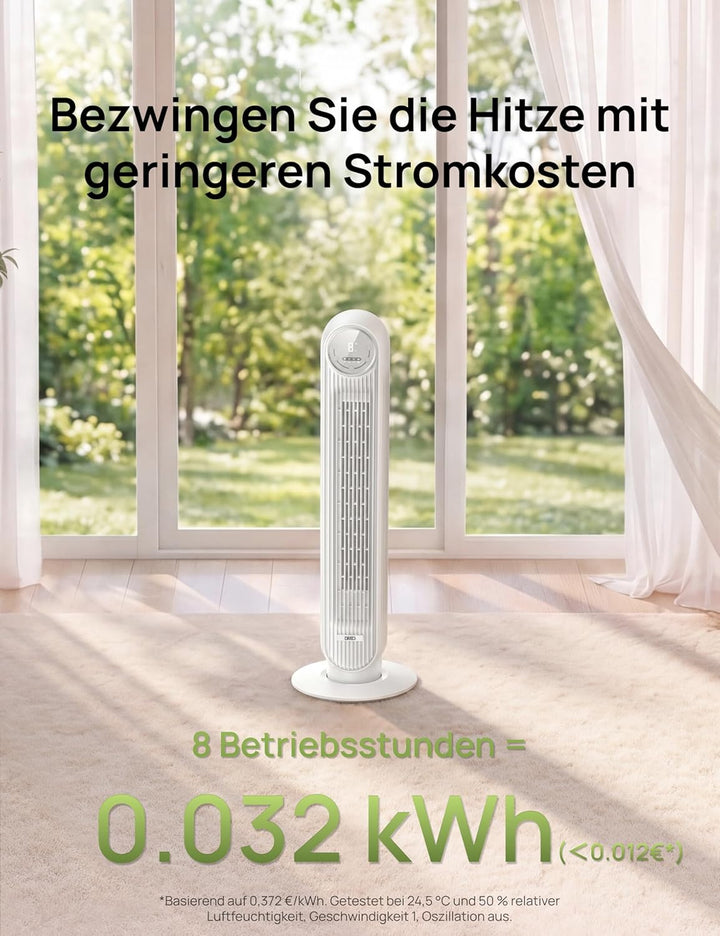 Dreo 28dB Leiser Turmventilator, 7,3m/s Geschwindigkeit 4 Geschwindigstufen 4 Modi 8 Std. Timer 90°