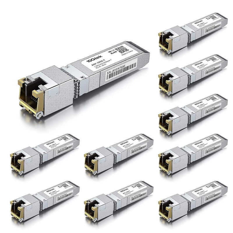 10Gtek [10 Stück] 1.25/2.5/5/10GBase-T SFP+ RJ-45 CAT.6a Kupfer Transceiver 30-meter, Kompatibel für