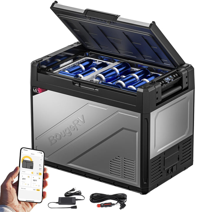 BougeRV Rocky2 65L Auto Kühlbox 12V 230V mit 5,7cc Kompressor Kühlbox Dual Zone mit Gefrierfach APP-