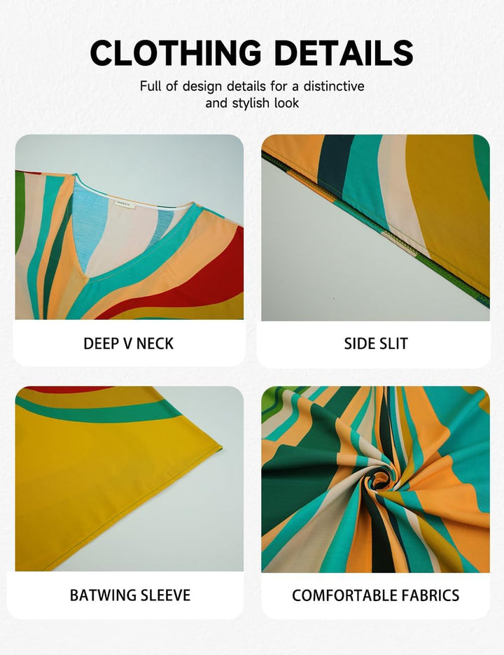 Bsubseach Damen Strandkleid Ethnic Print Kaftan Beach Maxi Kleider Grüne Geometrie, Grüne Geometrie