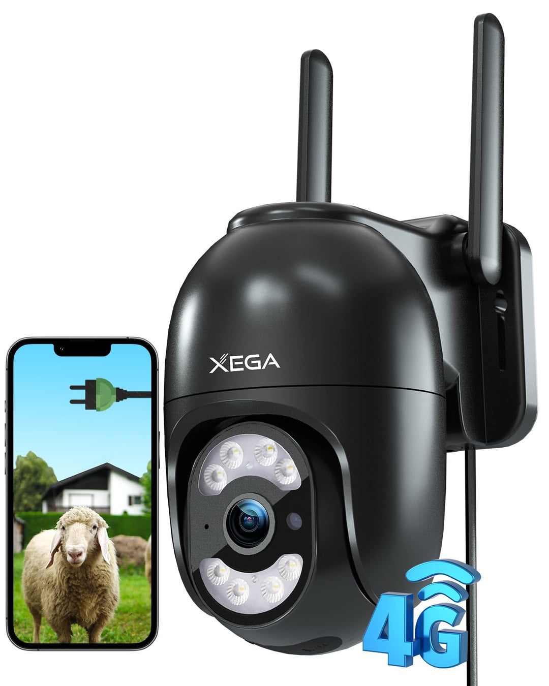 Xega 4G LTE Überwachungskamera mit SIM Karte【Kabelgebunden】 24/7 Kontinuierliche Aufzeichnung, 2K Au
