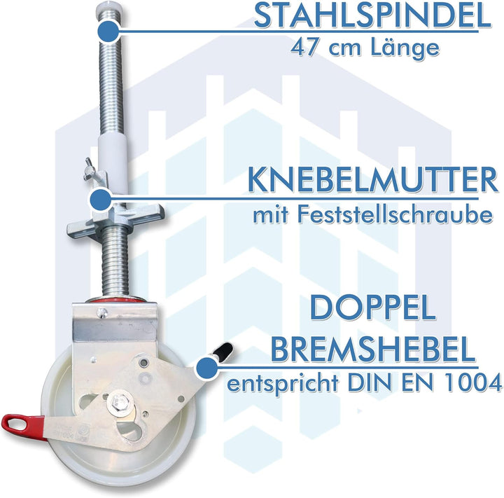 AC Steigtechnik Gerüstrollen 200 mm mit Stahlspindel, doppelt gebremst, lotrecht stehend, Set mit 4