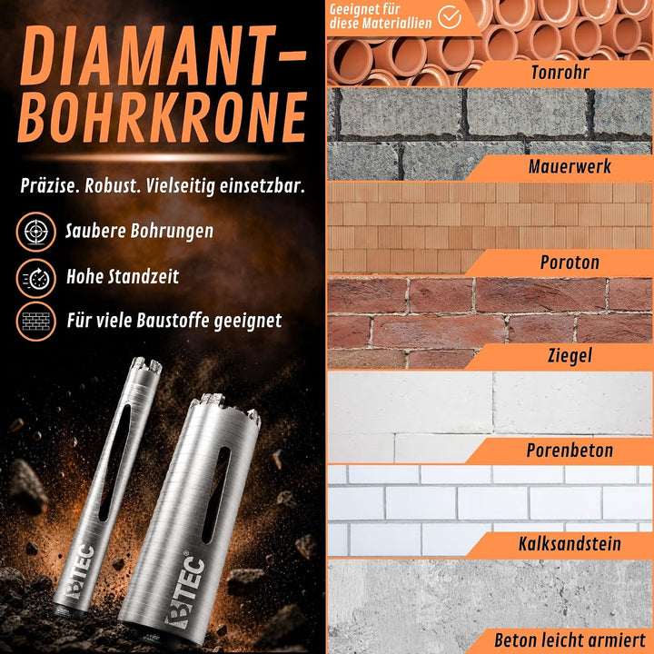 BTEC Diamant Bohrkrone SDS-plus lang (200mm) Aufnahme und Zentrierbohrer Nutzlänge 180 mm Ø 32 mm Be