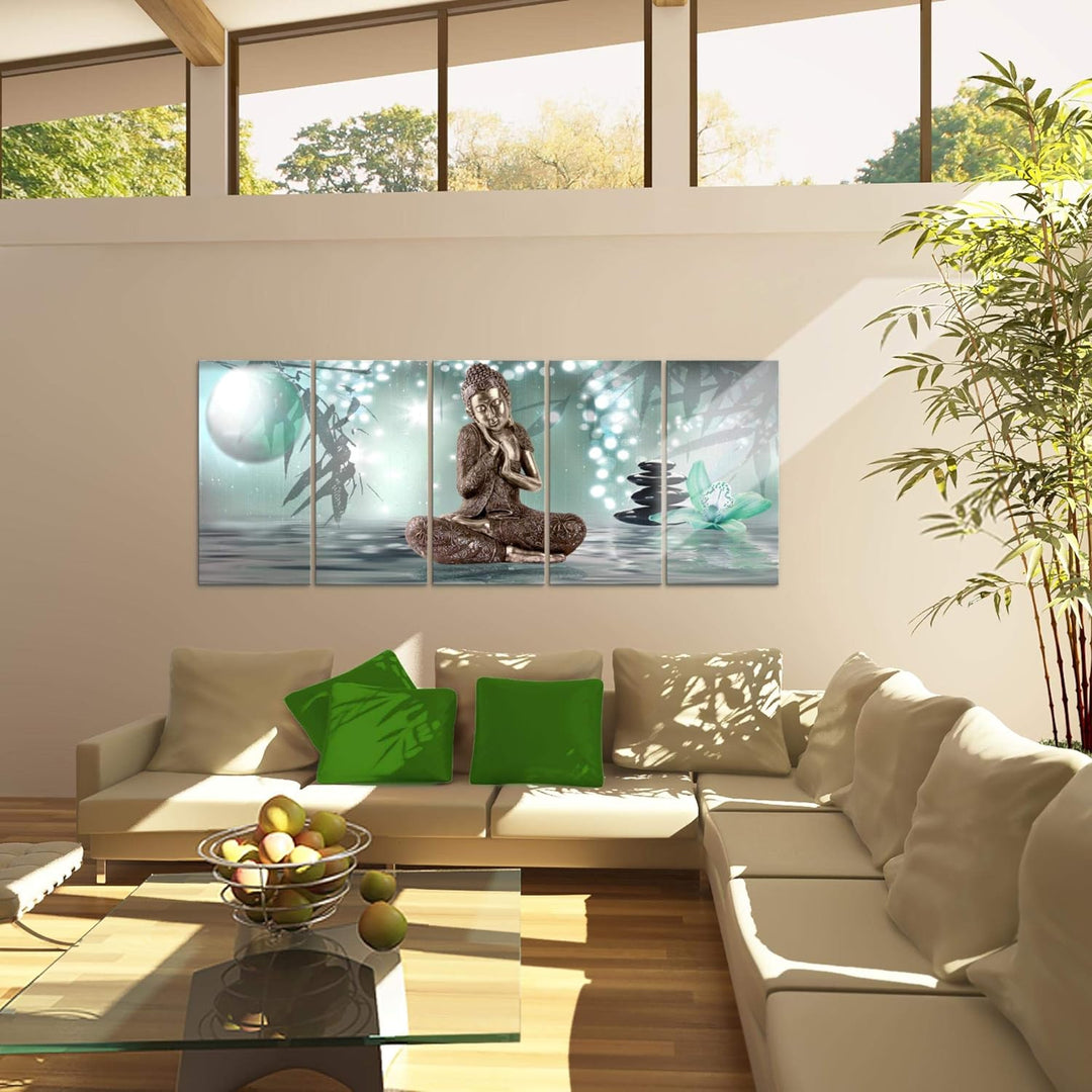Runa Art Wandbild XXL Buddha Feng Shui Wohnzimmer Schlafzimmer 200 x 80 cm Schwarz Weiss 5 Teilig -