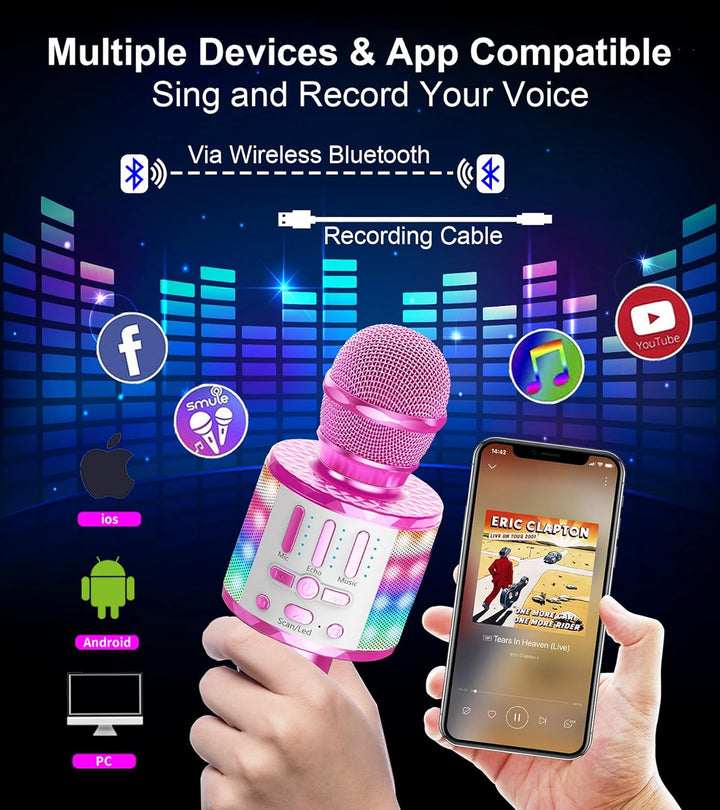 Karaoke Mikrofon, Drahtloses Bluetooth Mikrofon Kinder mit LED, Tragbares Karaoke Maschine zum Singe
