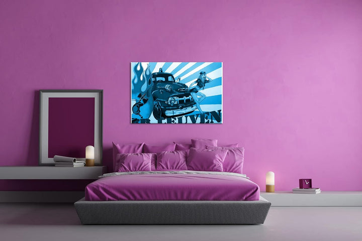 deyoli Feuerwehr Illustration Format: 80x60 Effekt: Monocrome Blau als Leinwandbild, Motiv fertig ge