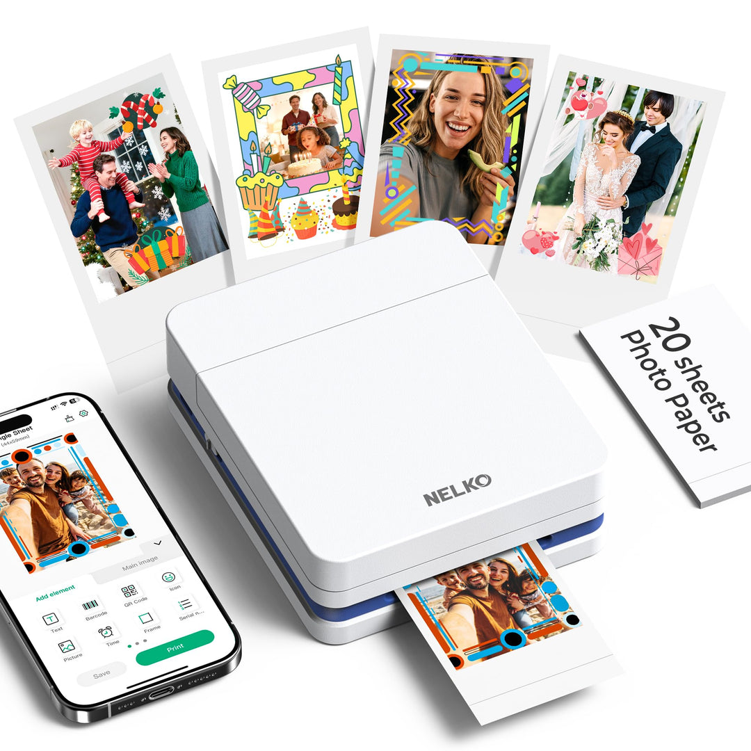 Nelko Fotodrucker PP01 Farbe Tragbarer Mini Fotodrucker für Smartphone mit 20 Fotopapier, Tintenstra
