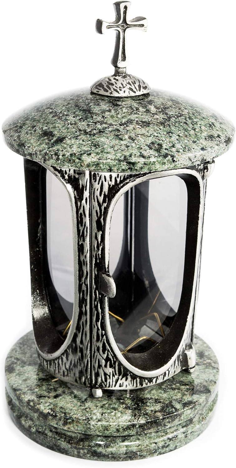 Stilvolle Grablaterne Anthrazit mit Kreuz Granit Olive Höhe 27 cm/Ø 15 cm Grableuchte Grablicht Grab
