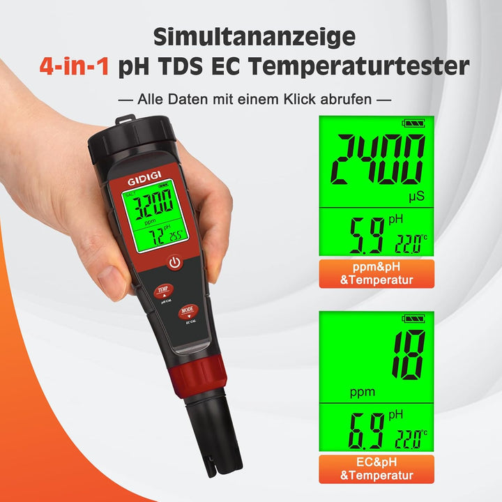 pH Messgerät für Hydrokulturwasser, Digitaler pH Tester für Wasser, TDS Tester EC PPM Test für Pflan