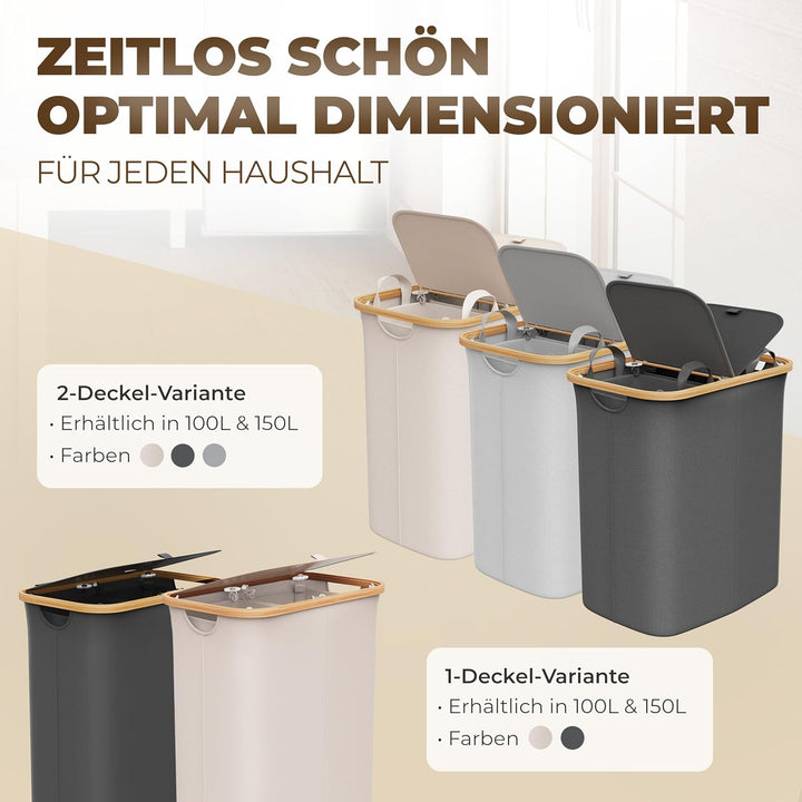 Wäschekorb 2 Fächer mit 1 Deckel 150 Liter Bambus-Stoff Beige Gross XXL - Wäsche Sortiersystem Wäsch
