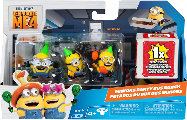 MINIONS Ich – Einfach unverbesserlich 4, Packung mit 4 Figuren Partybus-Truppe. 5,8 cm grosse Sammel